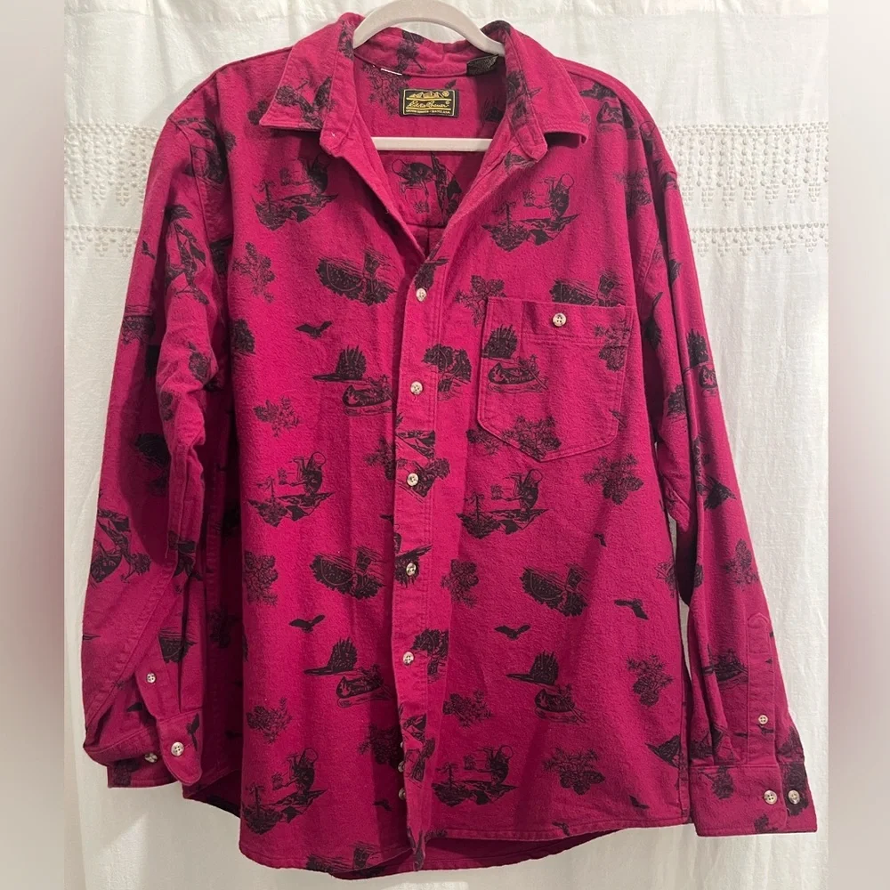 Eddie Bauer Vintage Red and Black 100% Cotton Outdoor Canoe Print Shirt size XL